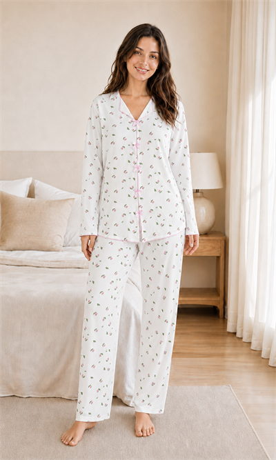 Flora Fiyonklu Yeşil Yaprak Desenli Uzun Kollu Napoli Kumaş Kadın Pijama Takımı