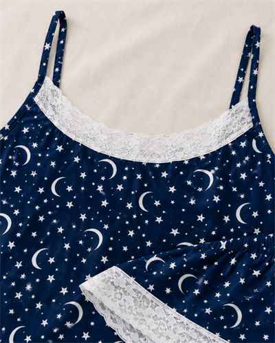 Luna Lacivert Ay Yıldız Desenli Askılı Milan Kumaş Kadın Pijama Takımı