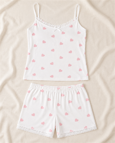 Pembe Rüya Kalp Desenli Askılı Milan Kumaş Kadın Pijama Takımı