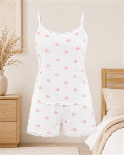 Pembe Rüya Kalp Desenli Askılı Milan Kumaş Kadın Pijama Takımı