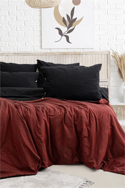 Uyum-Black/Burgundy Çift Kişilik Nevresim Takımı (Lastikli Çarşaflı)