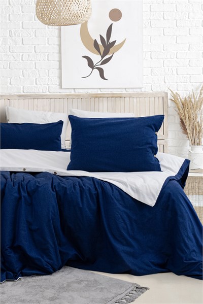 Uyum-Navy Blue/Cream Çift Kişilik Nevresim Takımı (Lastikli Çarşaflı)