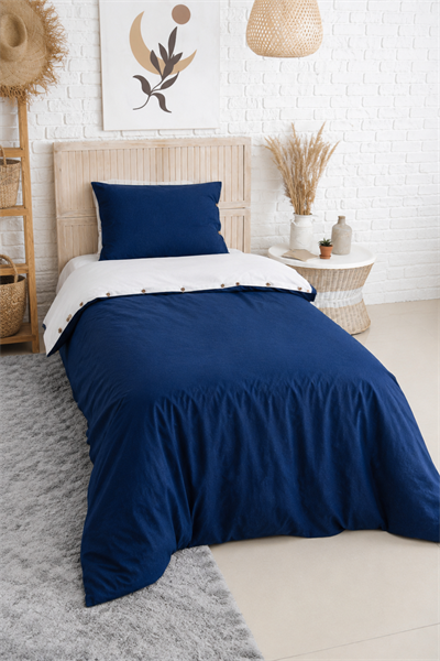 Uyum-Navy Blue/Cream Tek Kişilik Nevresim Takımı (Lastikli Çarşaflı)
