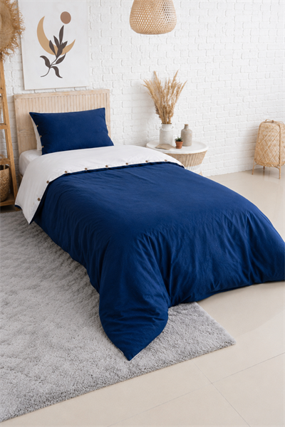 Uyum-Navy Blue/Cream Tek Kişilik Nevresim Takımı (Lastikli Çarşaflı)