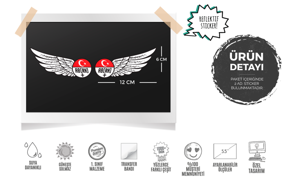 BT26 Reflektif Kanat Desenli AB Rh Pozitif (+) Kan Grubu Etiket Seti