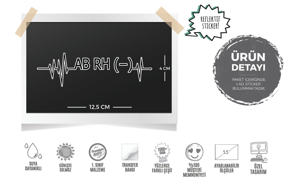 BT48S Kalp Ritmi Desenli AB Rh Negatif (-) Kan Grubu Etiketi - 2 li Set