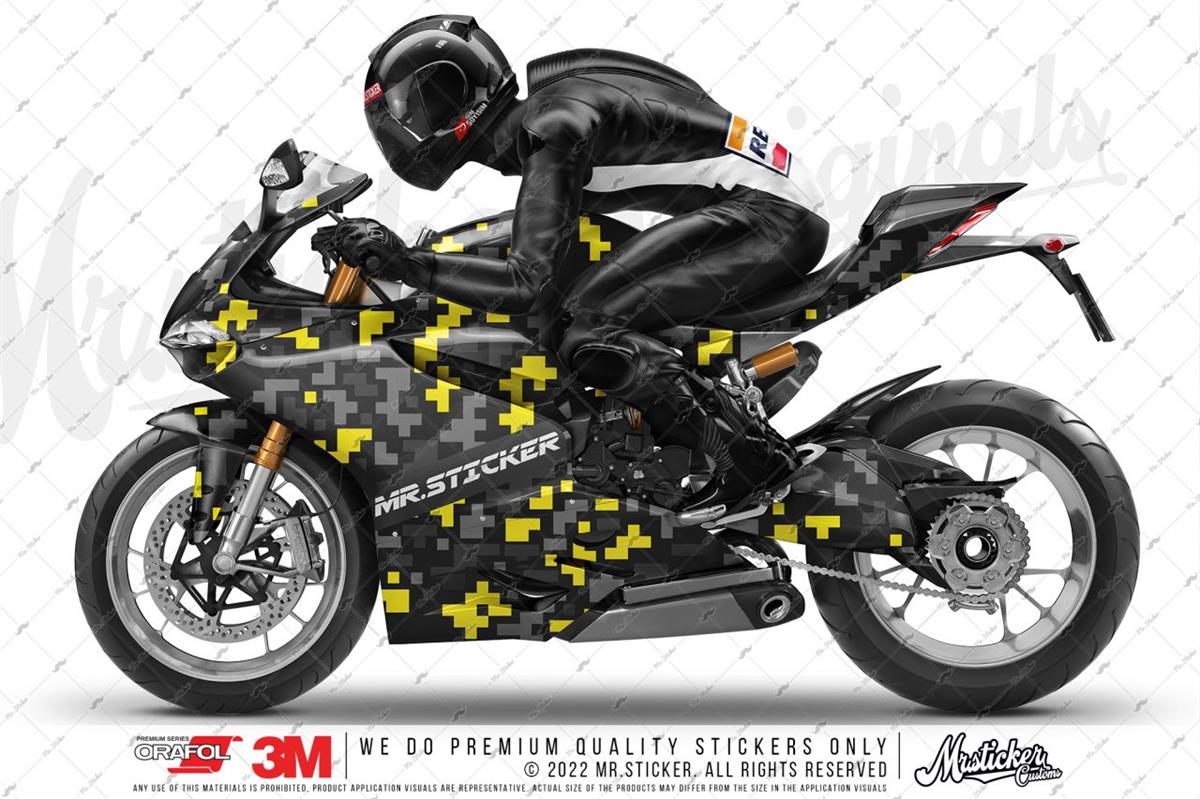 CMO706 Motosiklet Kaplamaya Uygun Pixel Kamuflaj Seti Sarı - Gri - Füme Renk