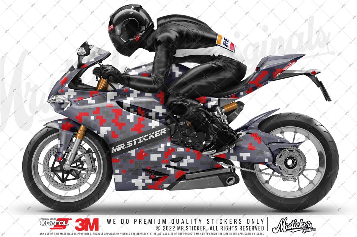 CMO707 Motosiklet Kaplamaya Uygun Pixel Kamuflaj Seti Kırmızı - Gri - Beyaz Renk