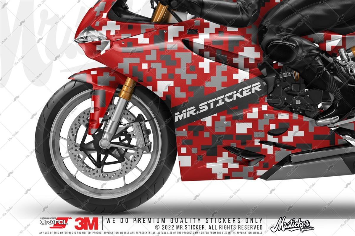 CMO708 Motosiklet Kaplamaya Uygun Pixel Kamuflaj Seti Gri - Füme - Beyaz Renk