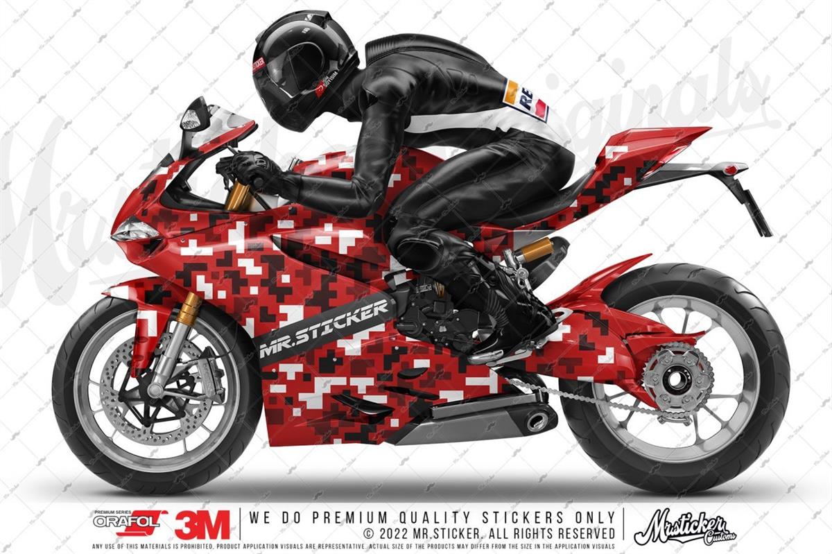 CMO709 Motosiklet Kaplamaya Uygun Pixel Kamuflaj Seti Bordo - Siyah - Beyaz Renk