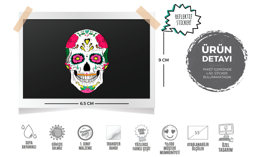 RFHLM15 Reflektif Sugarskull Kurukafa Etiketi