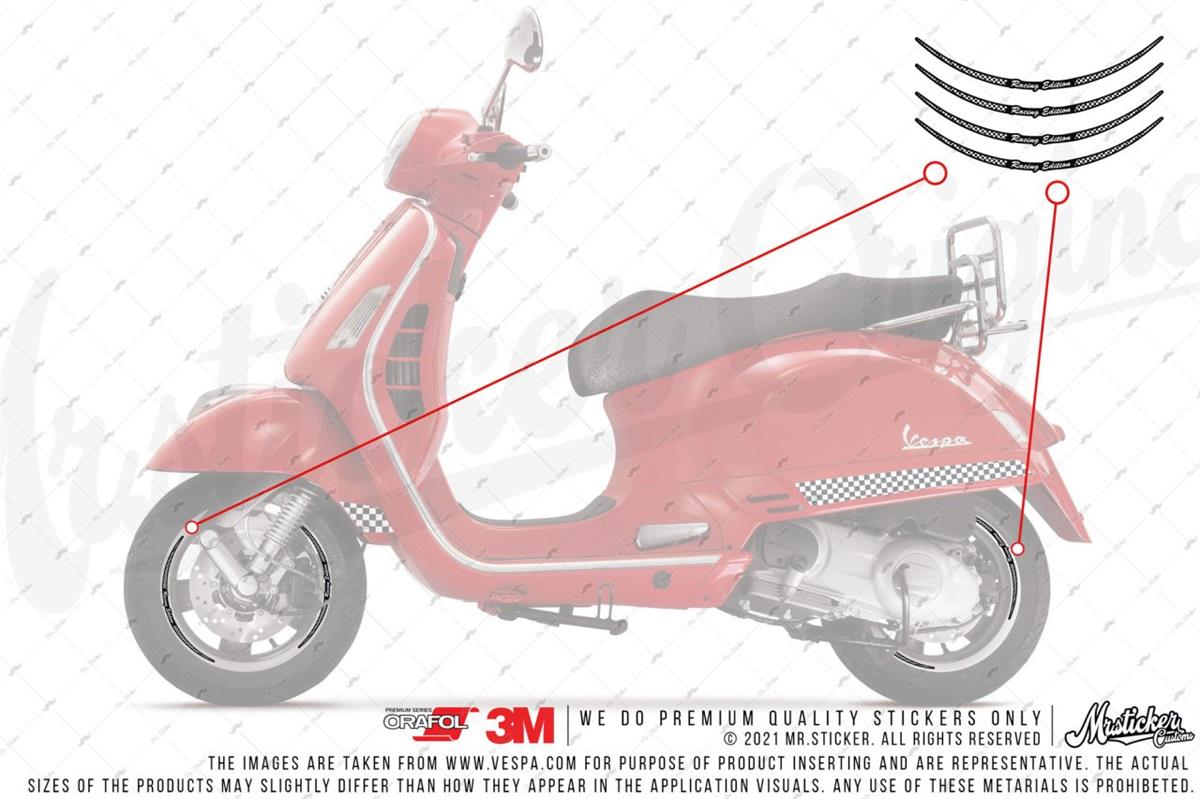 RFHLM230 OZEL SERI Vespa Uyumlu Reflektif Racing Edition Yazili Jant Etiketi- kili Set