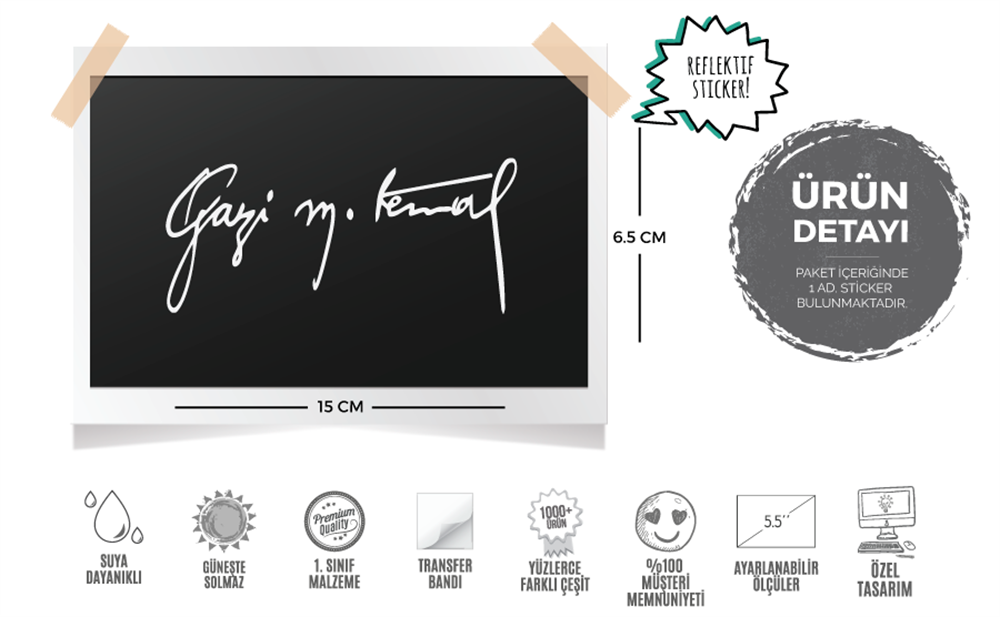 RFHLM72 Reflektif Gazi Mustafa Kemal Ataturk Imzasi Etiketi