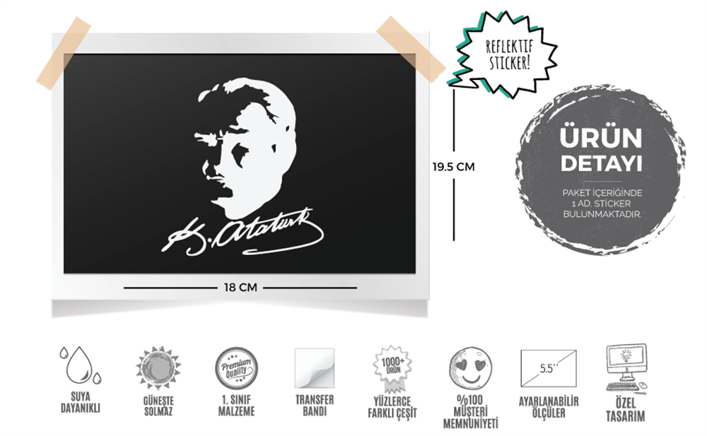 RFHLM91 Reflektif Kemal Ataturk Silueti - Buyuk Boy