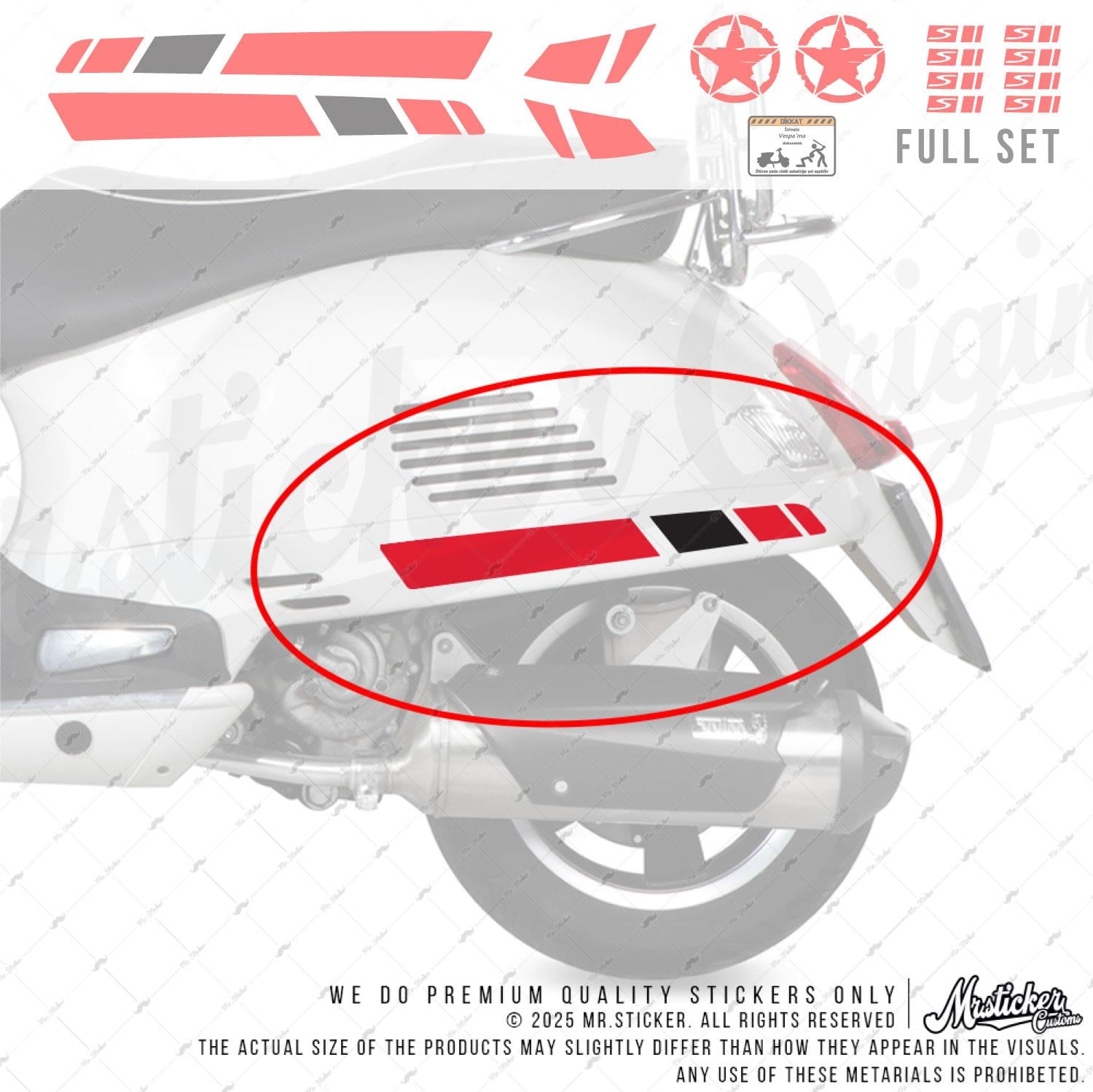 STS7 Kırmızı Siyah Vespa GTS250 GTS300 Uyumlu Yan Çıta Sticker Seti