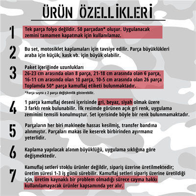 CMO408L - Motosiklet Kaplamaya Uygun 50 Parca Orta Boy Kamuflaj Seti