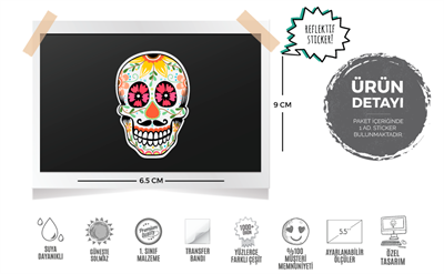 RFHLM16 Reflektif Sugarskull Meksikali Kurukafa Etiketi