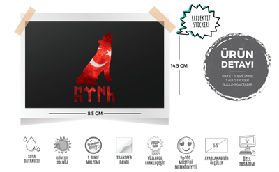 RFHLM78 Reflektif Uluyan Kurt Etiketi Gokturkce Turk Yazisi Ile