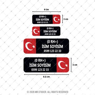 BT71 İsme Özel Reflektif Kan Grubu Etiket Seti Telefon Numarası Opsiyonlu