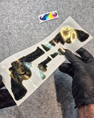 GLD17 Altın Seri Gangsta Motifli Pistol Etiketi Simetrik Dörtlü Set