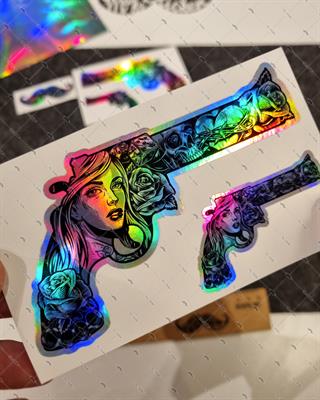 HLG82 Hologram Gangsta Motifli Pistol Etiketi Simetrik Dörtlü Set