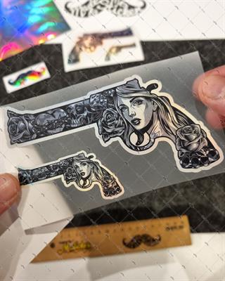 HLG82 Hologram Gangsta Motifli Pistol Etiketi Simetrik Dörtlü Set