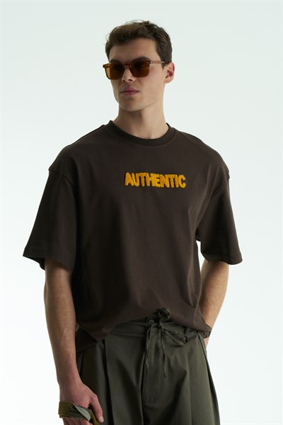 Authentic Oversize Erkek Tişört Kahverengi