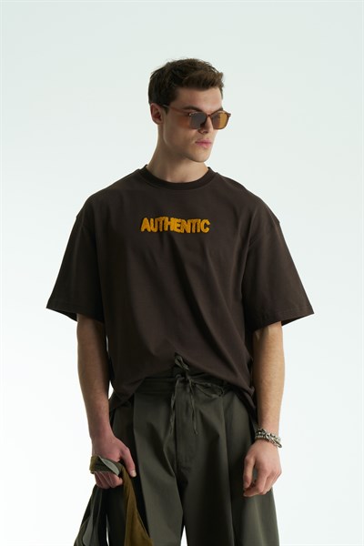 Authentic Oversize Erkek Tişört Kahverengi