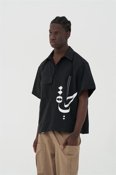 Calligraphy Flow Oversize Erkek Gömlek Siyah