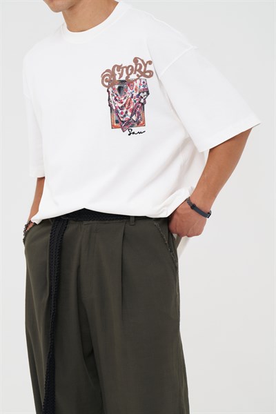 Folk Drapery Oversize Erkek Tişört Ekru