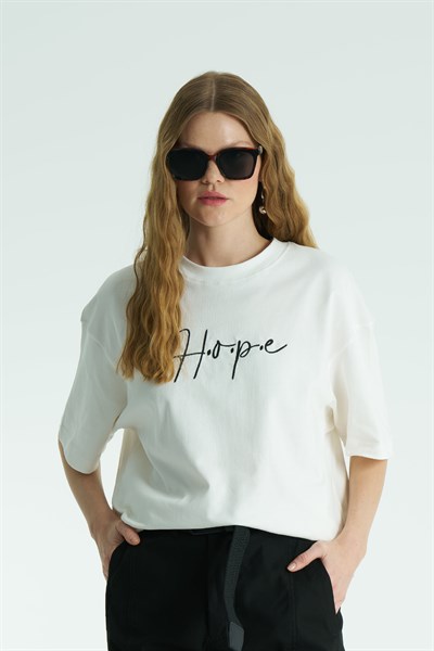 Hope Oversize Tişört Kadın Ekru