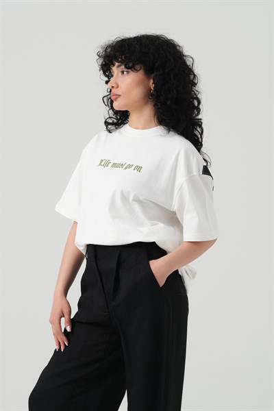 Life Bloom Oversize Kadın Tişört Ekru
