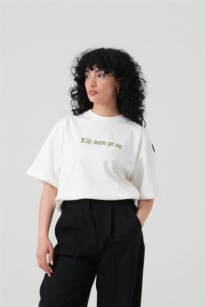 Life Bloom Oversize Kadın Tişört Ekru