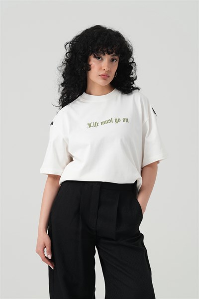 Life Bloom Oversize Kadın Tişört Ekru
