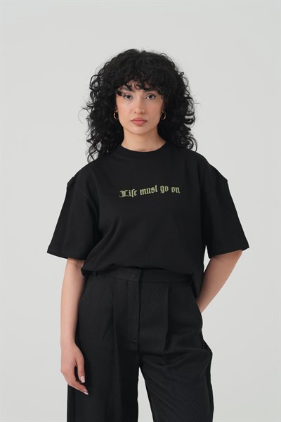 Life Bloom Oversize Kadın Tişört Siyah