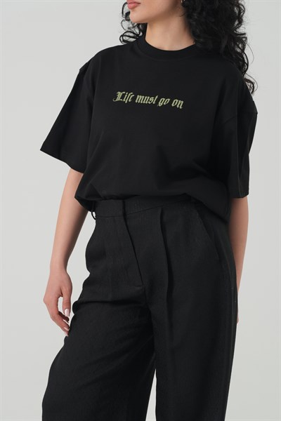 Life Bloom Oversize Kadın Tişört Siyah