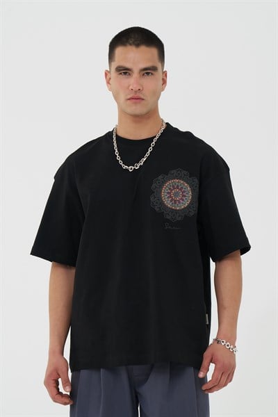 Mandala Aura Oversize Erkek Tişört Siyah