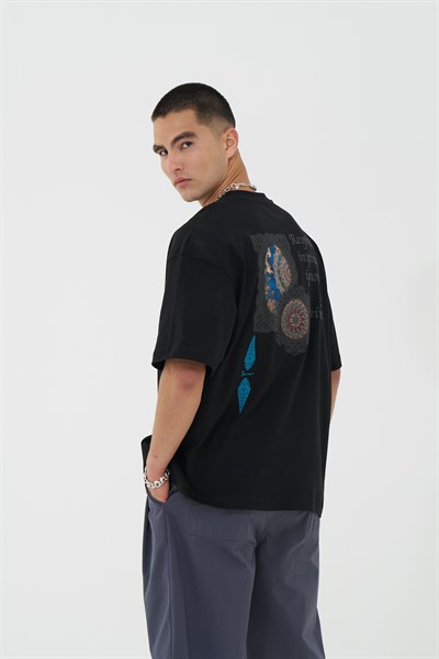 Mandala Aura Oversize Erkek Tişört Siyah