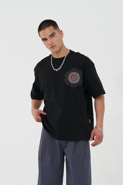 Mandala Aura Oversize Erkek Tişört Siyah