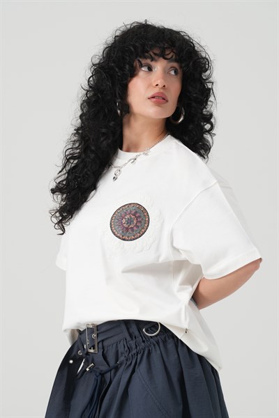 Mandala Aura Oversize Kadın Tişört Ekru