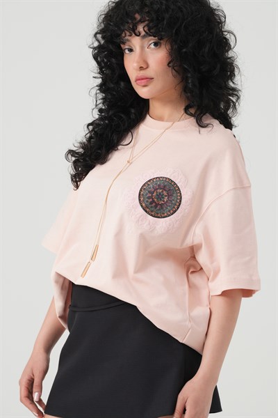 Mandala Aura Oversize Kadın Tişört Pembe