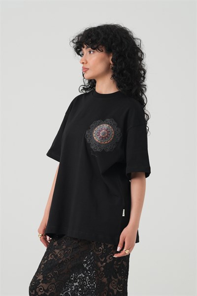 Mandala Aura Oversize Kadın Tişört Siyah