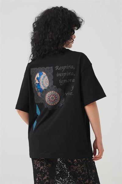 Mandala Aura Oversize Kadın Tişört Siyah