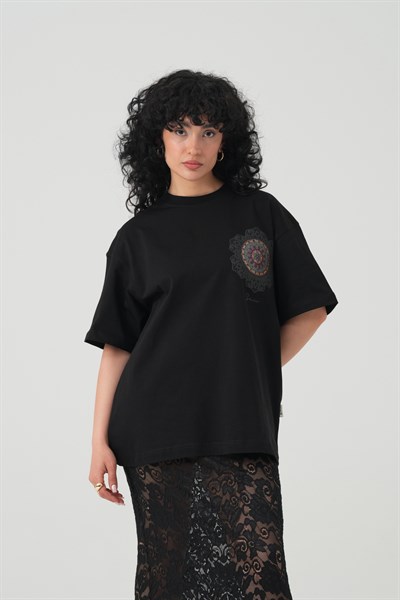 Mandala Aura Oversize Kadın Tişört Siyah