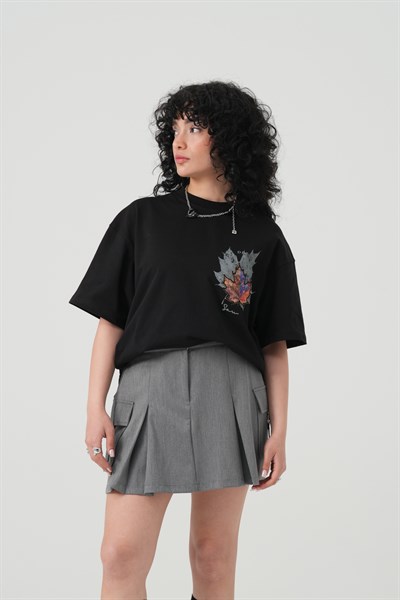 Maple Dream Oversize Kadın Tişört Siyah