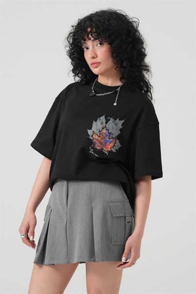 Maple Dream Oversize Kadın Tişört Siyah