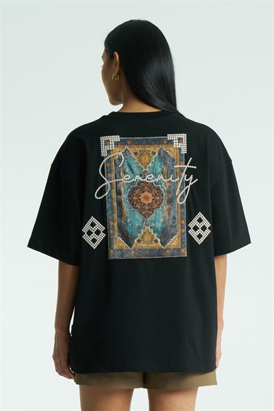 Medallion Oversize Kadın Tişört Siyah