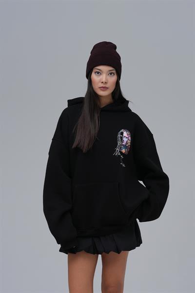 Mona Lisa Shooting Star Oversize Sweatshirt Kadın Siyah