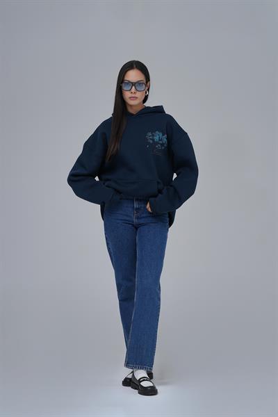 Mosaic Portrait Oversize Sweatshirt Kadın İndigo