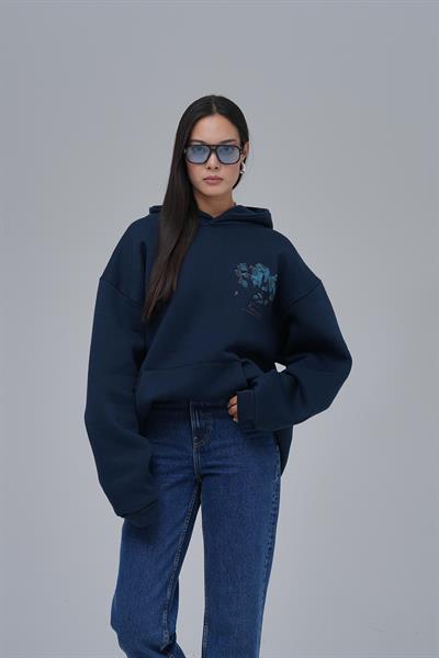 Mosaic Portrait Oversize Sweatshirt Kadın İndigo
